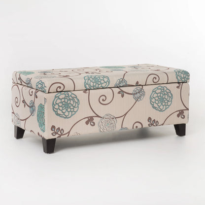 Noble House Hampton Contemporary Fabric Upholstered Storage Ottoman, White and Blue Floral