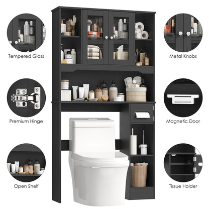 Homfa Over The Toilet Storage Cabinet with Toilet Paper Holder Stand, Above Toilet Organizer with Glass Doors, Behind Toilet Shelf for Restroom, Bathroom, Laundry, White