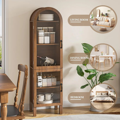 Tall Arched Storage Display Cabinet 5-Shelf with Acrylic Glass Doors, Kitchen Pantry Storage Cabinet Accent Cabinet Bookcase for Living Dining Room