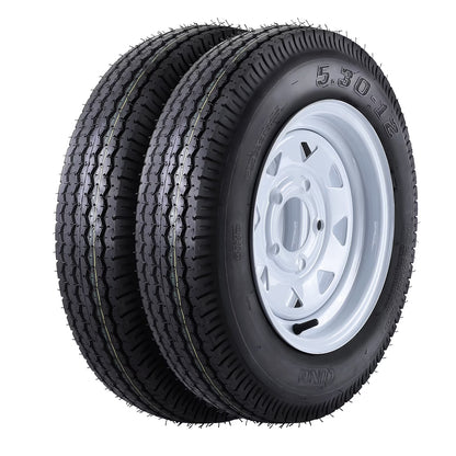 Set of 2 5.30-12 5.30x12 530-12 5.30-12 Trailer Tires with 12" Rims, 5 Lug on 4.5", Load Range C, 6PR