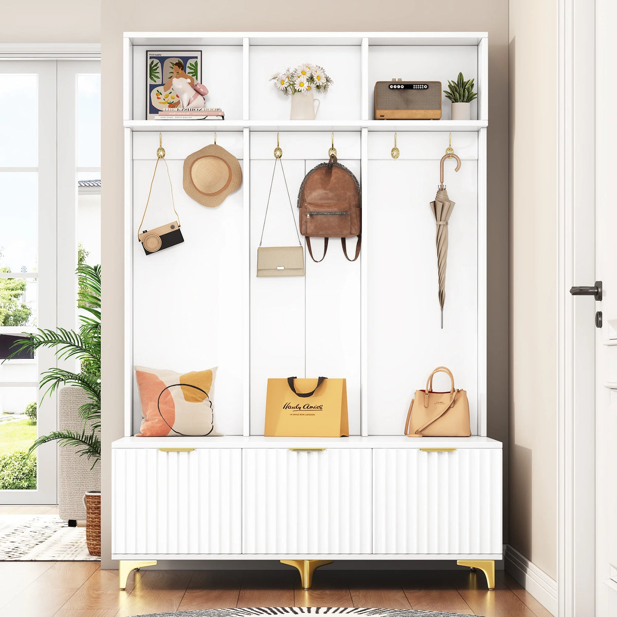 Euroco Modern Hall Tree with High Gloss Fluted Doors, Gold Accents, Shoe Storage & Bench a?? Entryway Organizer with Cubbies and Coat Hooks