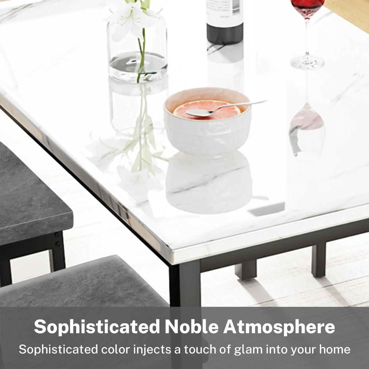 5 Piece Dining Set, Modern Dining Table and Chairs Set for 4, Counter Height Bar Table Set, Modern Pub Table with 4 Velvet Fabric Cushioned Stools, Faux Marble Dining Table & Stools Set, D9297