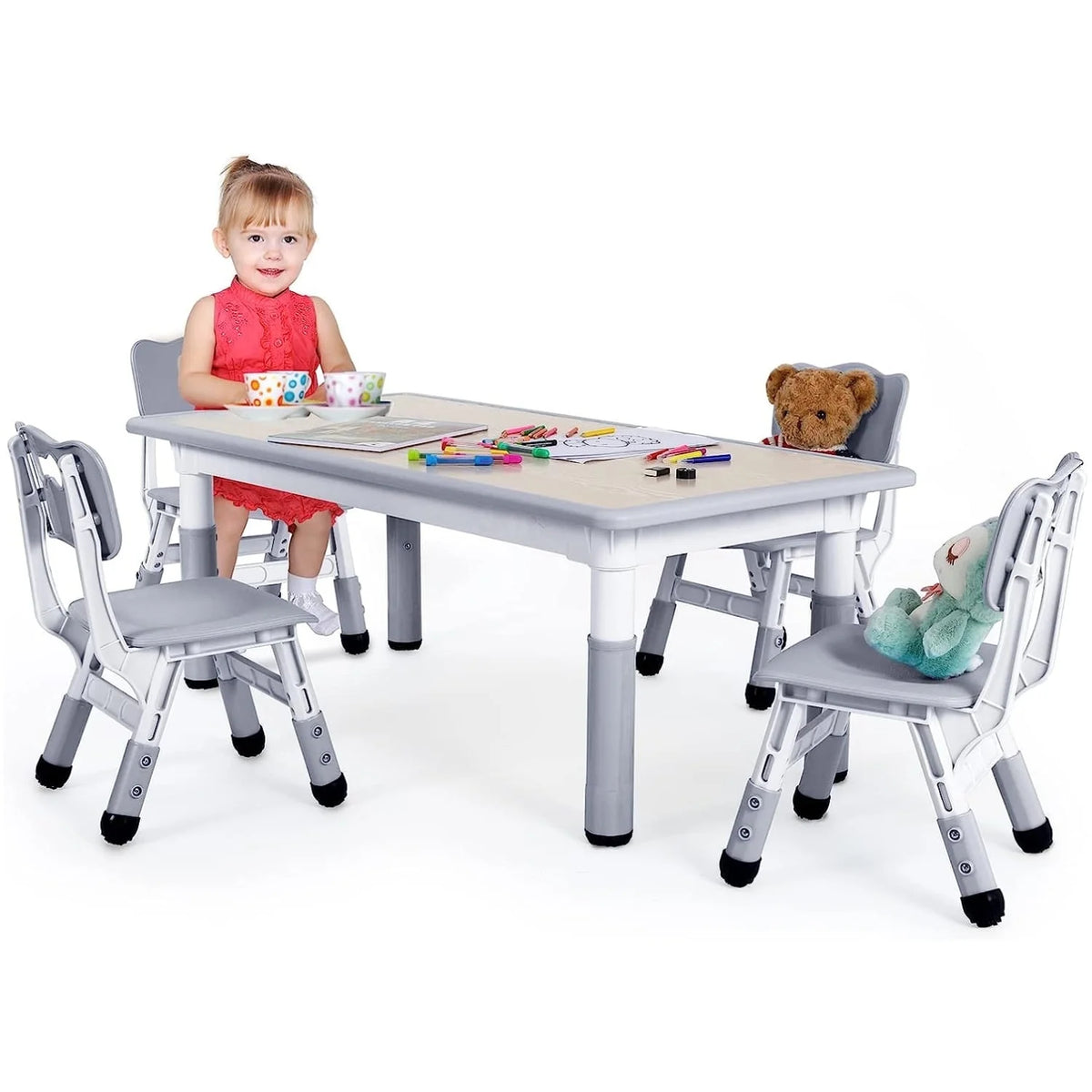 LAZY BUDDY Kids Table and 4 Chairs Set, Height Adjustable Toddler Desk with Graffiti Desktop, Kids Activity Table Set for Daycare, Home