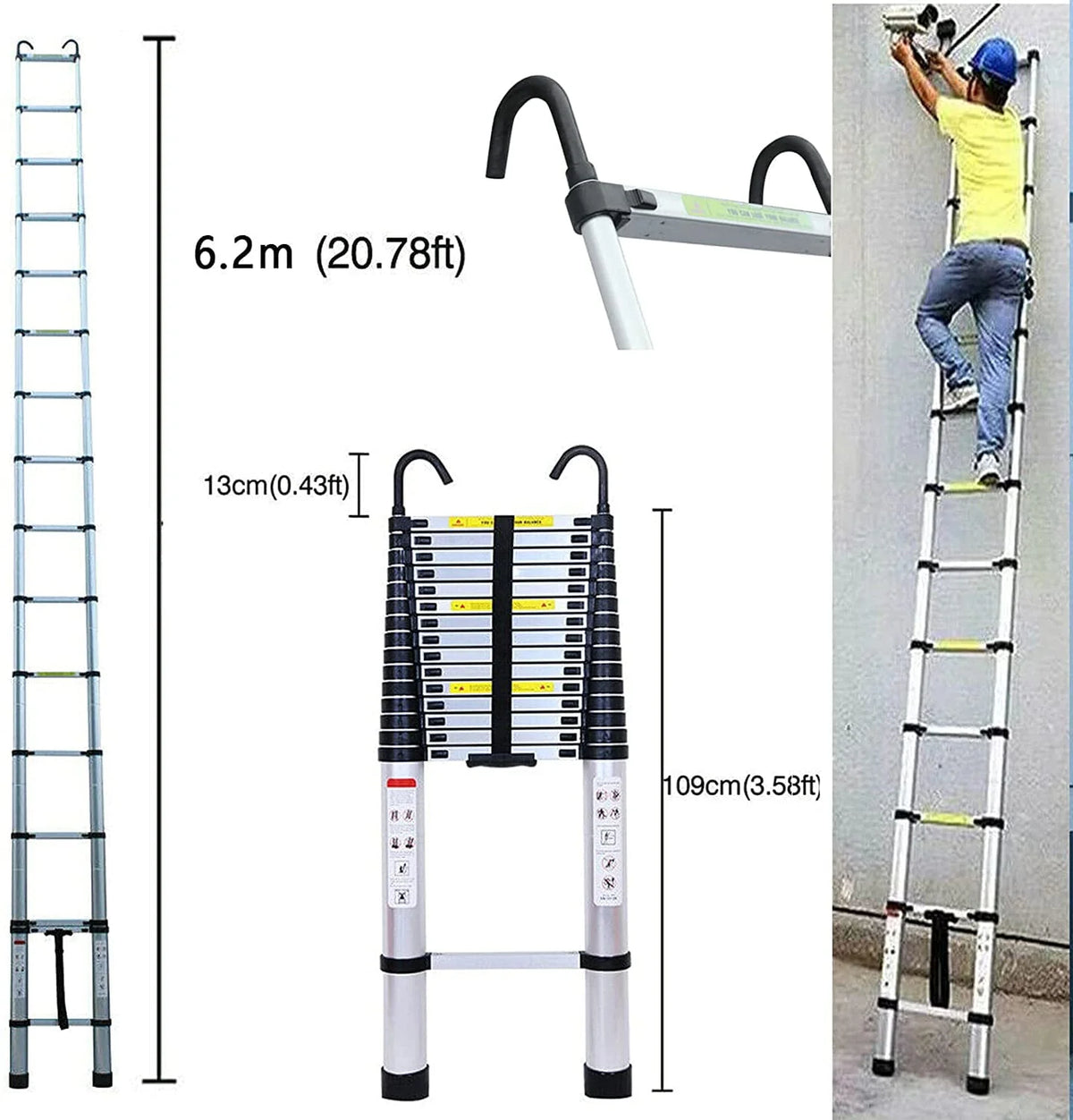 Dayplus Telescoping Ladder 20FT Telescopic Extension Ladder Aluminum Extendable Lightweight Ladder Steps Safety Collapsible Ladder