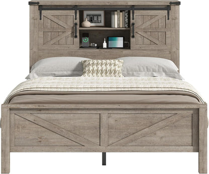 Merluxy Farmhouse Full Bed Frame with Storage Bookcase & Charging Station, Bedroom Furniture, Grey
