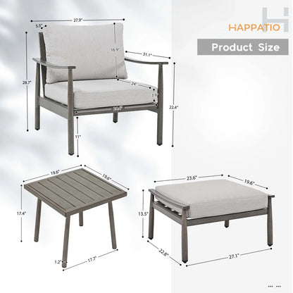 HAPPATIO Aluminum Outdoor Furniture Set - 5 Pieces Patio Furniture Set Includes 1 Side Table, 2 Swivel Chairs and 2 Ottomans with Thick Cushion, Patio Conversation Set for Backyard Poolside (Grey)
