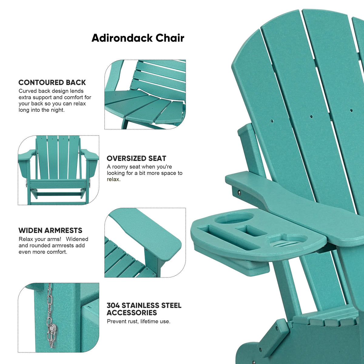 FOOWIN HDPE Plastic Adirondack Chairs Set of 4, Black