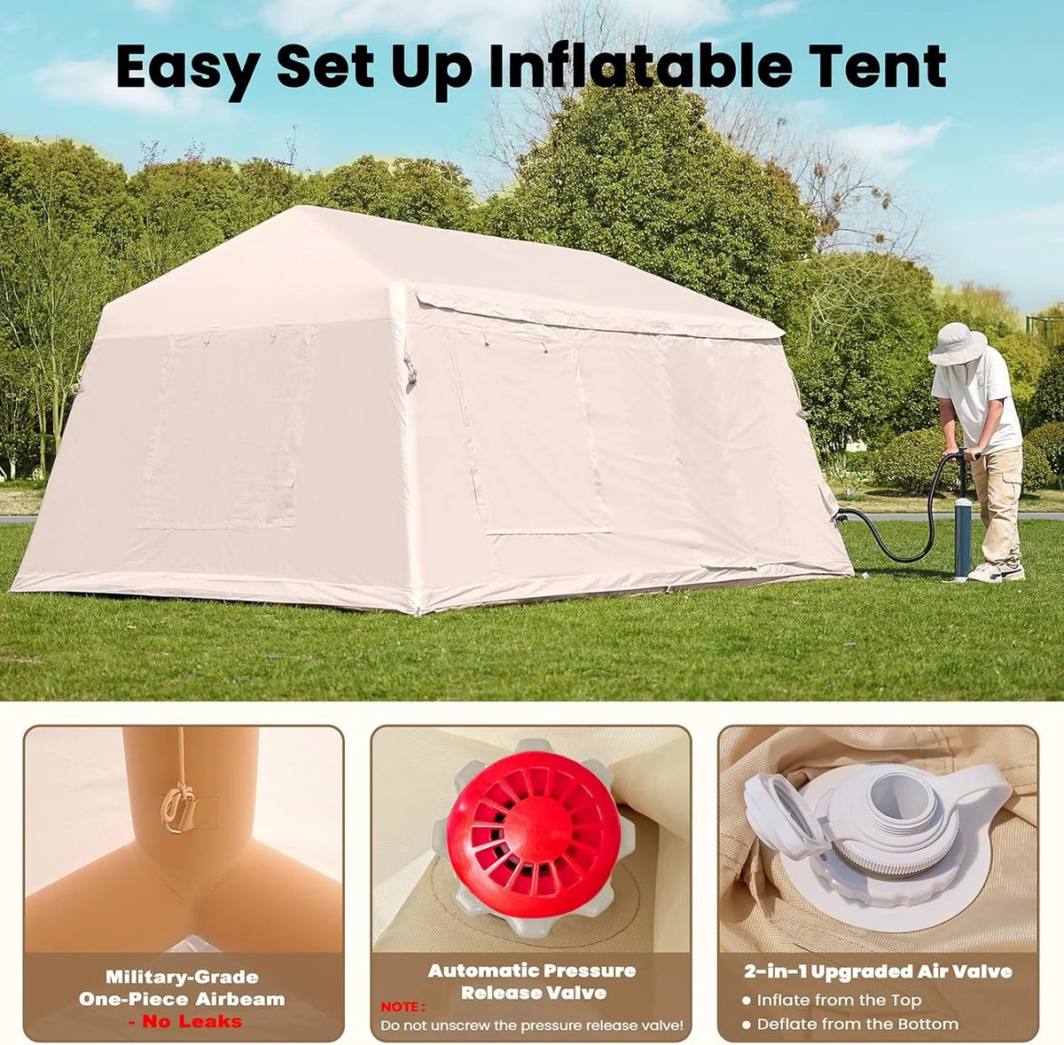 NAIZEA Inflatable Tents for Camping, Blow Up Tent with Hand Pump, Easy Setup Inflatable Hot Tent with Stove Jack, Waterproof Oxford Air Glamping Tents for Camping Adult 4-6 Person