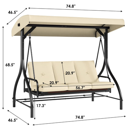 Pirecart 3 Person Patio Porch Swing Outdoor Converting Swing Glider Hammock with Adjustable Canopy, Cushions, Red