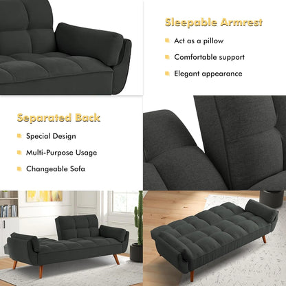 Mydepot Convertible Futon Sofa Bed, Adjustable Couch Sleeper Modern Fabric Recliner Reversible Loveseat Folding Daybed Guest Bed, Armrests, Yellow