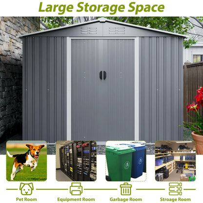 LZBEITEM 10 x 10 ft Outdoor Storage Shed with Floor Frame Kit, Galvanized Steel Garden Sheds, Garden Tool Shed with Double Lockable Doors for Backyard Patio Lawn, Grey