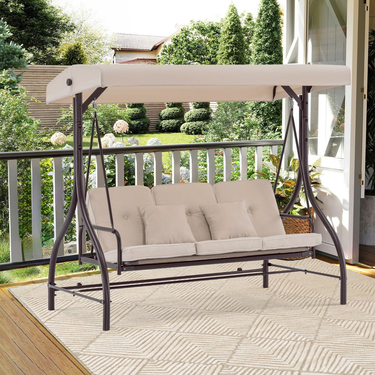 MCombo 3-Seat Outdoor Patio Swing Chair Cushioned with Adjustable Backrest and Canopy, Pillow, Brown