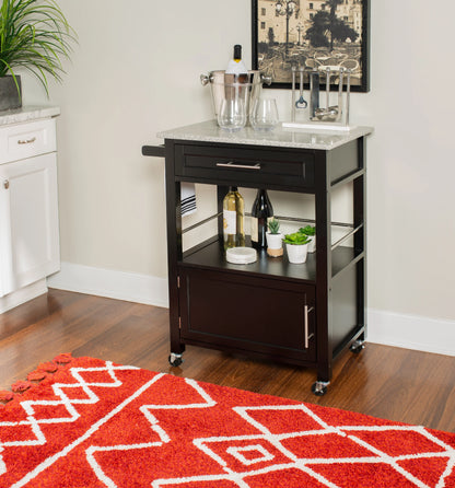 Linon Monett 2-Tier Mobile Serving Cart with Gray Granite Top, 27.75" Length, White