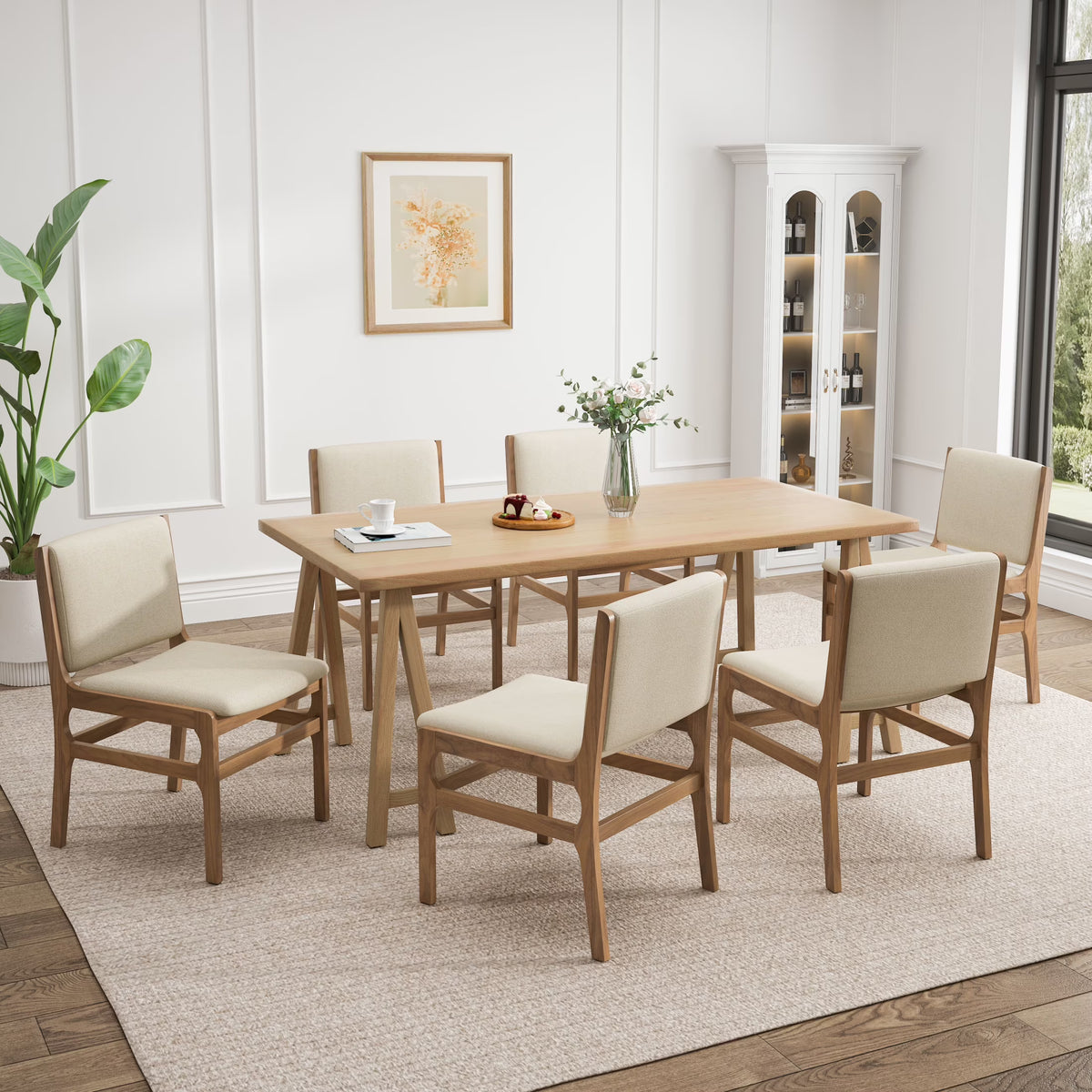 GDF Studio Modern 7 Piece Dining Set, 71" Rectangular Table with 6 Upholstered Side Chairs, Solid Wood Legs, Dark Gray+Oak