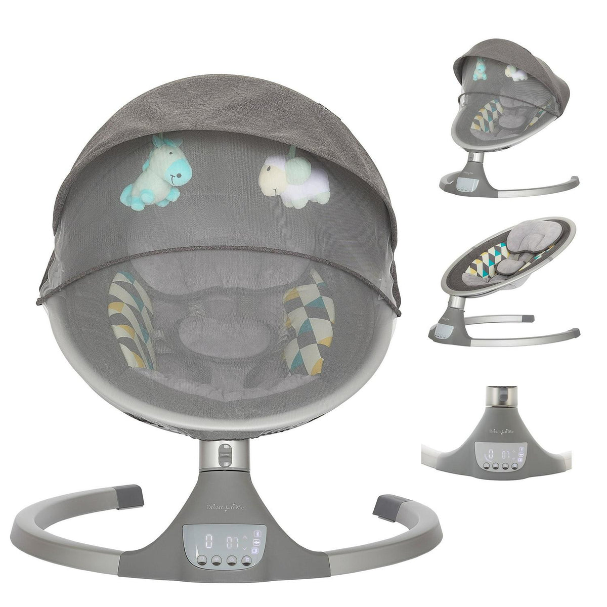 Dream On Me Zazu Baby Swing. Baby Swing for Infant. 5 - Swinging Speed. Two Attached Toys. Bluetooth Enabled and Remote Control. Grey and Blue