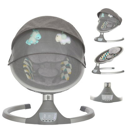Dream On Me Zazu Baby Swing. Baby Swing for Infant. 5 - Swinging Speed. Two Attached Toys. Bluetooth Enabled and Remote Control. Grey and Blue