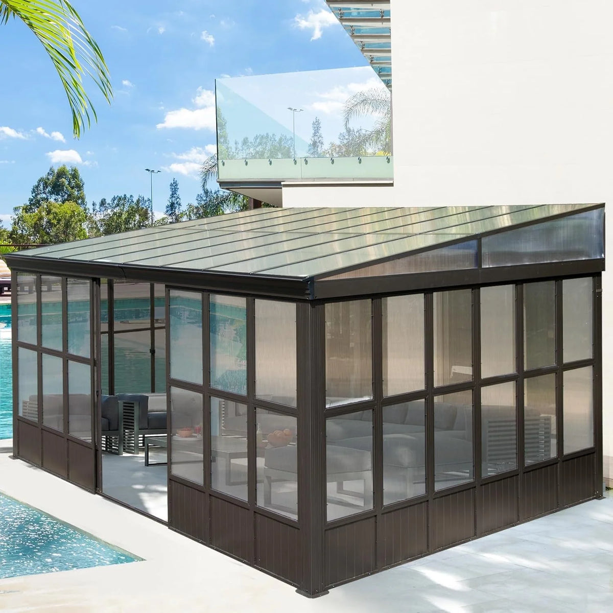 TOTAL Outdoor 10'x12' All-Season Sunroom Gazebo with Steel Roof, PVC Screen, Front & Side Door, Brown