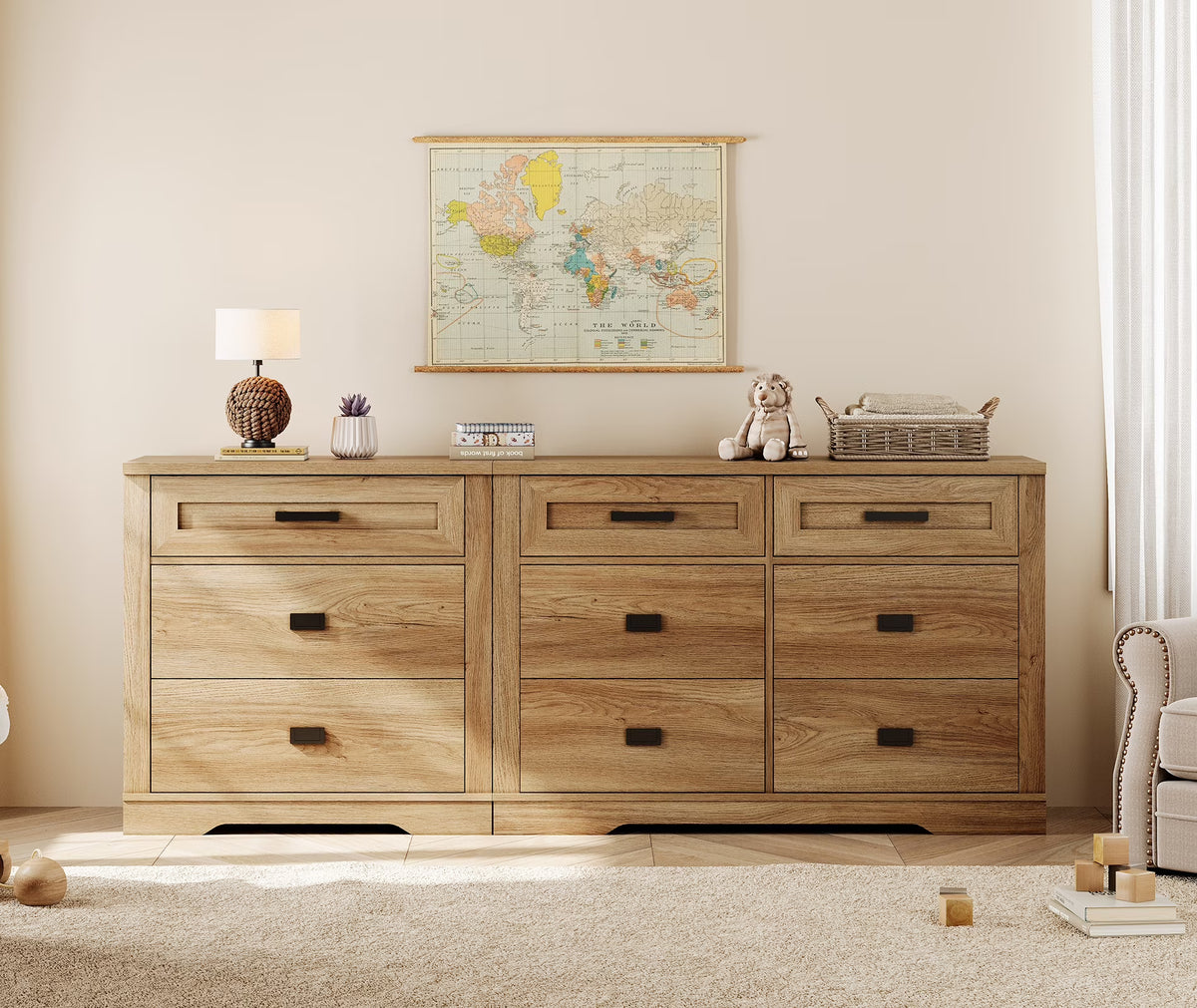 WAMPAT 2 in 1 Dresser with 9 Drawers for Bedroom, Wooden Dressers with Wide Chest of Drawers,Modern Farmhouse Dresser TV Stand with Metal Handles for Living Room, Hallway,Vintage Oak