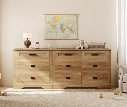 WAMPAT 2 in 1 Dresser with 9 Drawers for Bedroom, Wooden Dressers with Wide Chest of Drawers,Modern Farmhouse Dresser TV Stand with Metal Handles for Living Room, Hallway,Vintage Oak