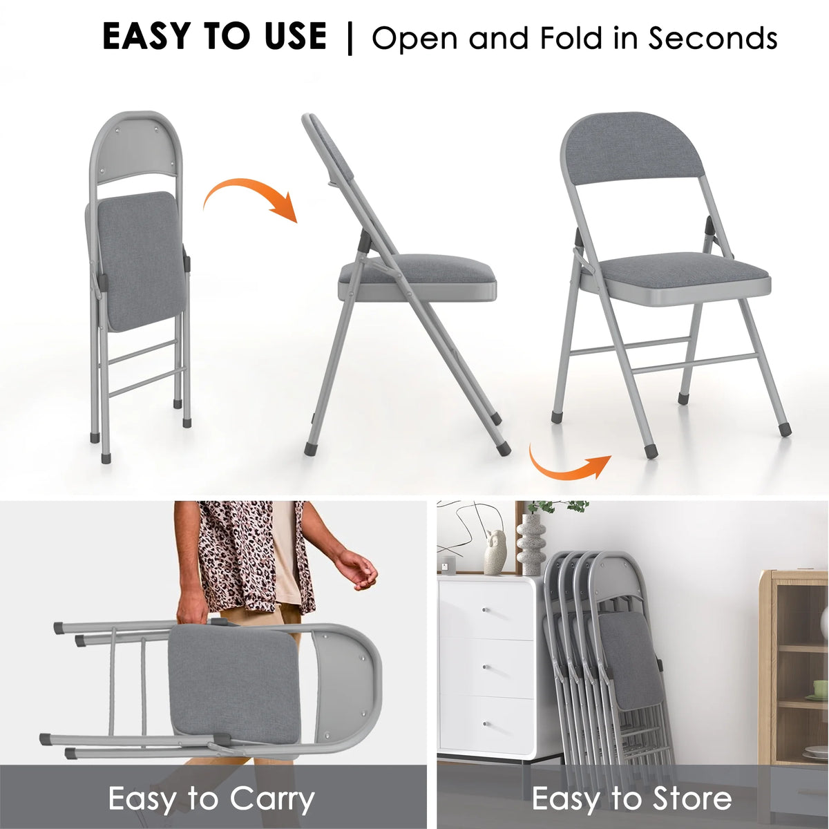VECELO Set of 4 Folding Chairs, Fabric Dining Chair Set with Padded Cushion and Back, Indoor Outdoor Upholstered Seat with Metal Frame for Home Office Events Wedding Party, Orange