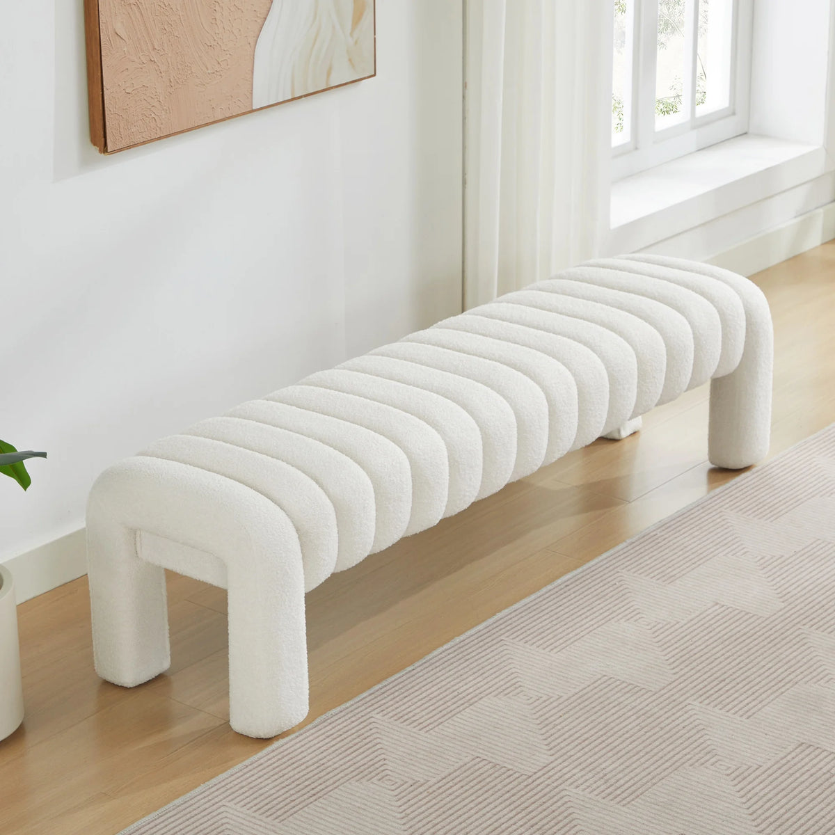 Zesthouse 63�� End of Bed Bench, Linen Tufted Upholstered Ottoman Bench with Padded Seat and Solid Wood Leg, Modern Entryway Bench for Bedroom, Living Room, Beige
