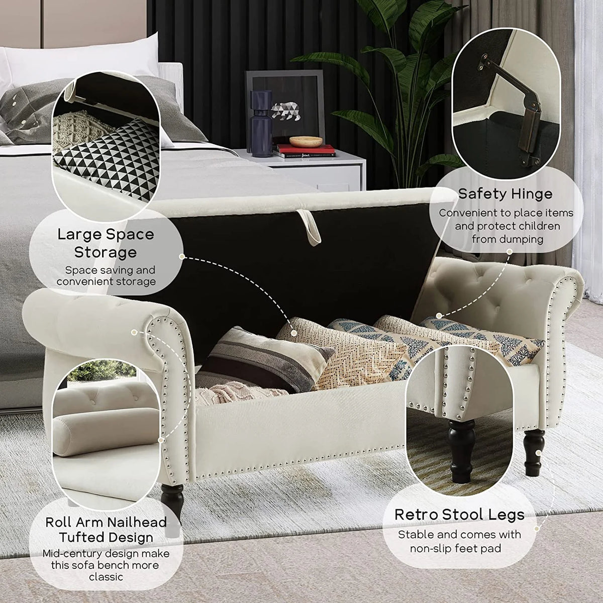 Sumdeal 43.5" Storage Ottoman Bench with 250lb Seating, Linen Upholstered Wood Legs Safety Hinge Flip Top Oval Foot Rest Long Stool for Sofa Couch Bedroom End of Bed Living Room Entryway, White