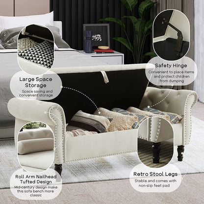 Sumdeal 43.5" Storage Ottoman Bench with 250lb Seating, Linen Upholstered Wood Legs Safety Hinge Flip Top Oval Foot Rest Long Stool for Sofa Couch Bedroom End of Bed Living Room Entryway, White
