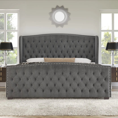 VANACC Queen Size Bed Frame, Velvet Upholstered Bed with Deep Button Tufted Wingback Headboard��Grey