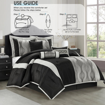 Lanco Elegant Black and Gold Comforter Set,Striped, 7 Pieces Jacquard Bedding Sets with Comforter for All Season, Bed Skirt, Pillows & Shams, Queen Size, Lightweight Microfiber