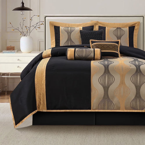Lanco Elegant Black and Gold Comforter Set,Striped, 7 Pieces Jacquard Bedding Sets with Comforter for All Season, Bed Skirt, Pillows & Shams, Queen Size, Lightweight Microfiber