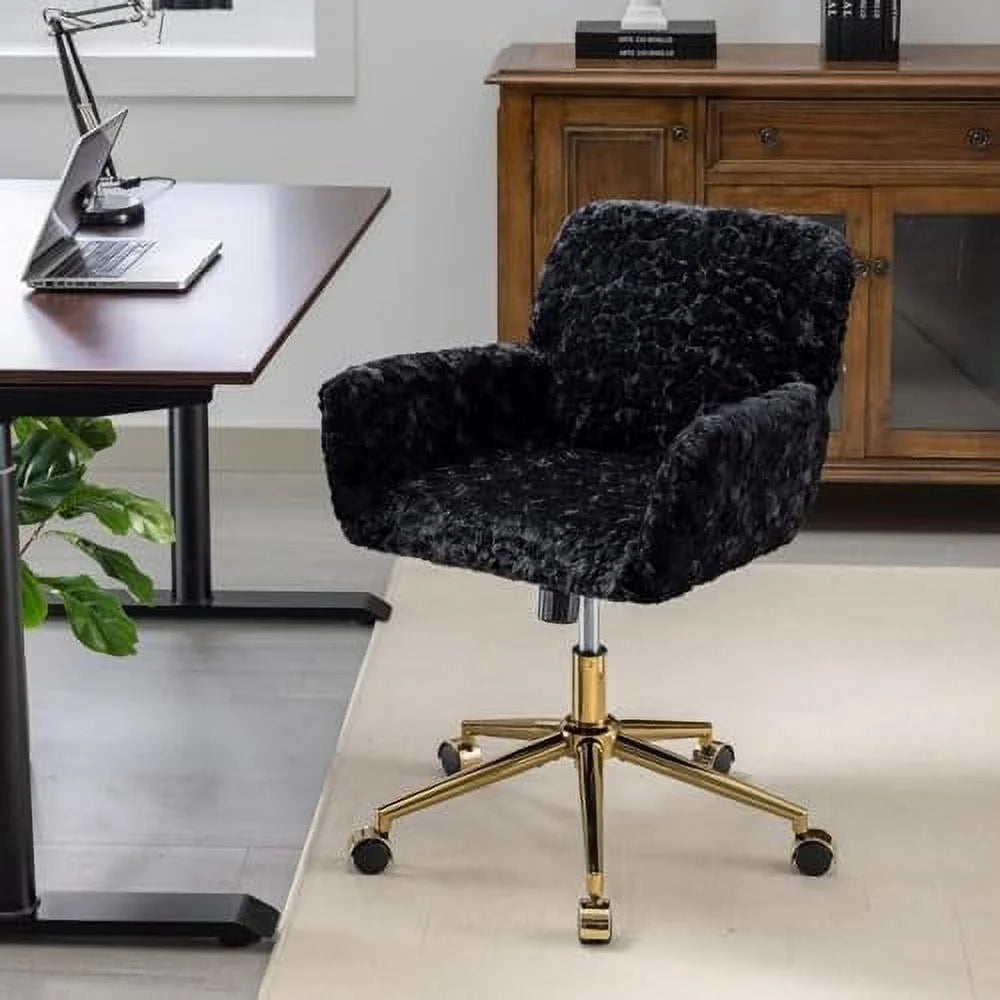 Fluffy Desk Chair,Height Adjustable Vanity Chair with Wheels,Comfortable Faux Fur Desk Chair with goldenn Base, Arm Chair for Bedroom,Living Room,Vanity,Office