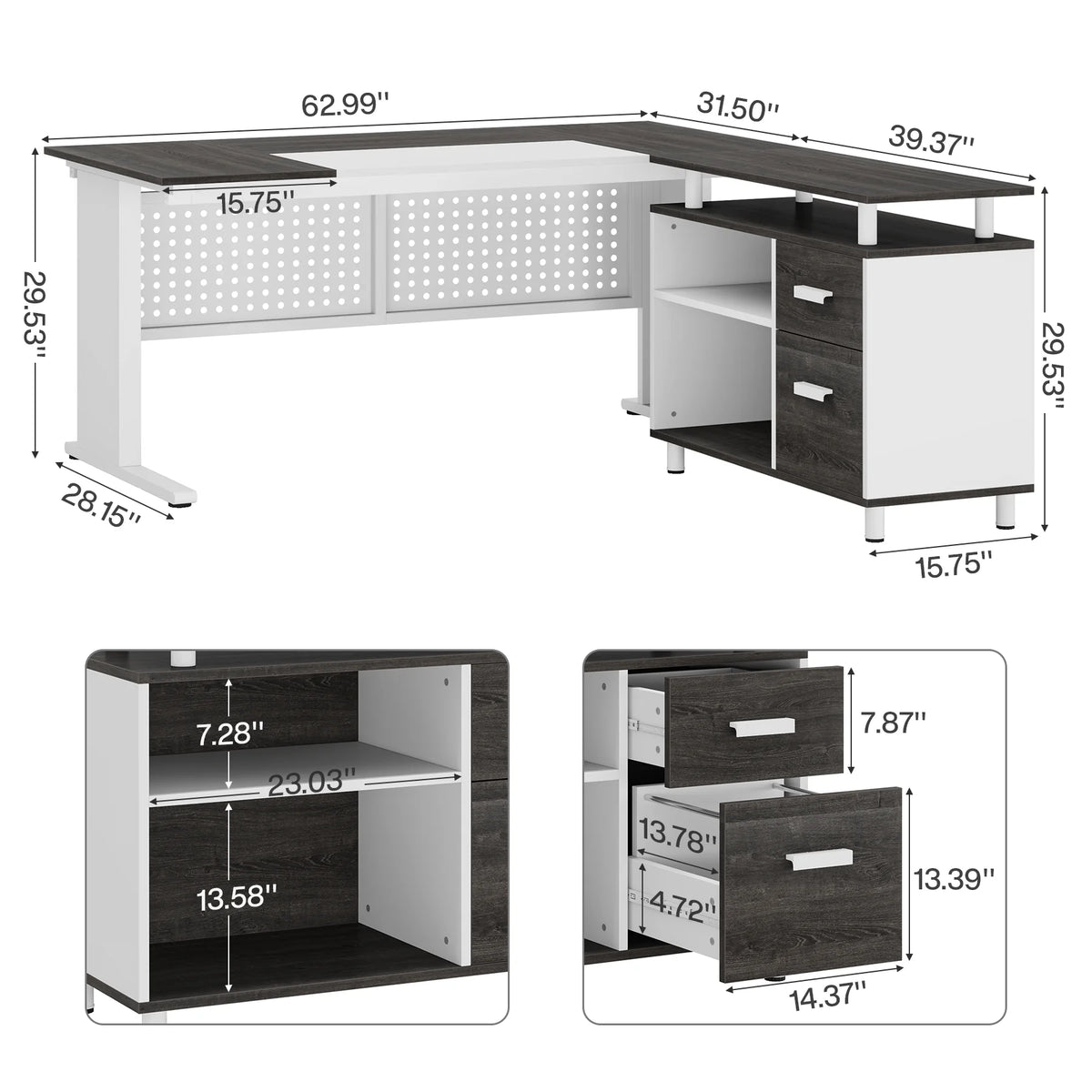 Tribesigns 63 Inch Executive Desk with File Cabinet, Large Office Desk L Shaped Computer Desk with Drawers and Storage Shelves, Business Furniture Desk Workstation for Home Office, Brown and Black