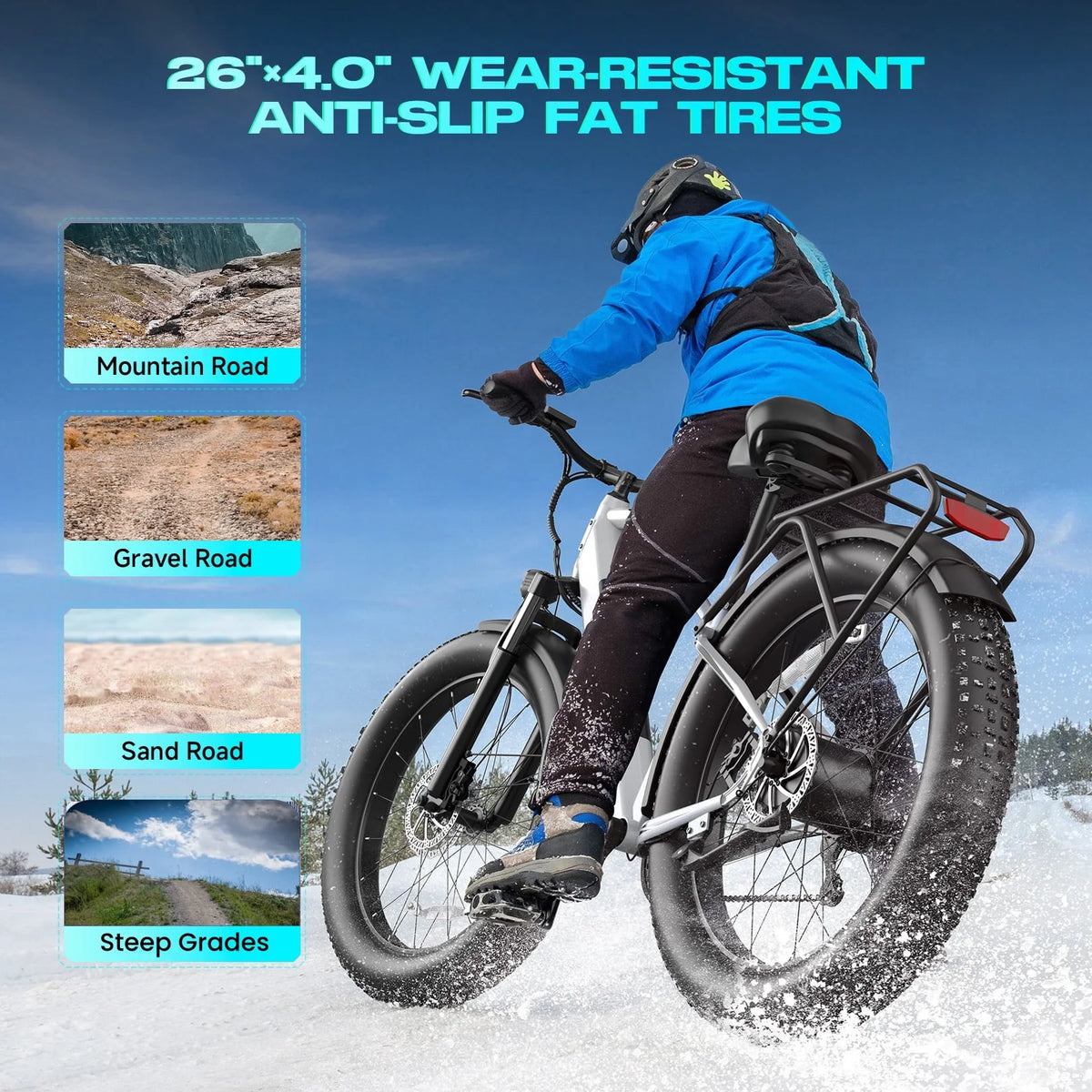 Gocio Electric Bike, 26"x4.0" Fat Tire E-Mountain Bike, Peak 1000W Motor, 28MPH 48V 15Ah Battery Removable Ebike for off Road, Sand, UL2849
