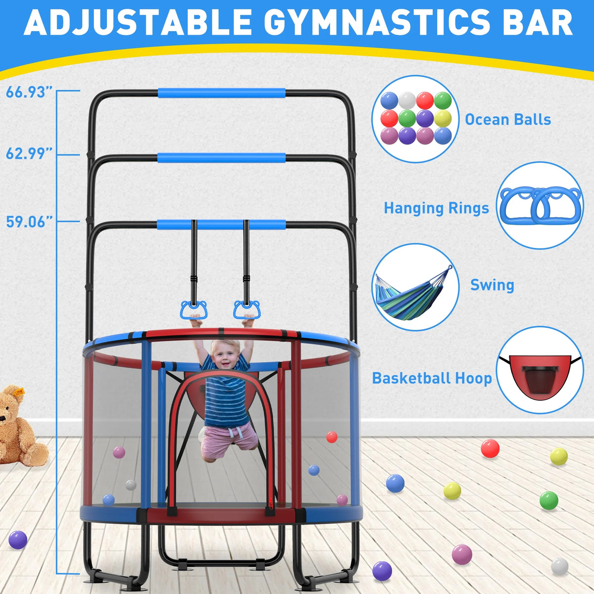 CITYLE Trampoline for Kids 600LBS 60'' 5FT Toddler Trampoline Indoor Outdoor with Basketball Hoop, Swing, Adjustable Bar, Mini Small Trampoline with Enclosure, Gifts for Toddlers, Boys & Girls