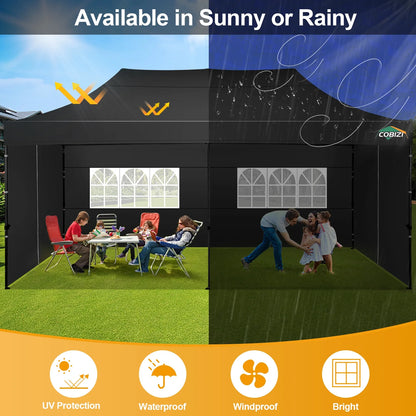 COBIZI 10x20 Heavy Duty Pop up Canopy Tent with 6 sidewalls Easy Up Commercial Outdoor Canopy Wedding Party Tent for Beach All Season Wind & Waterproof Gazebo with Roller Bag,Black(Frame Thickened)