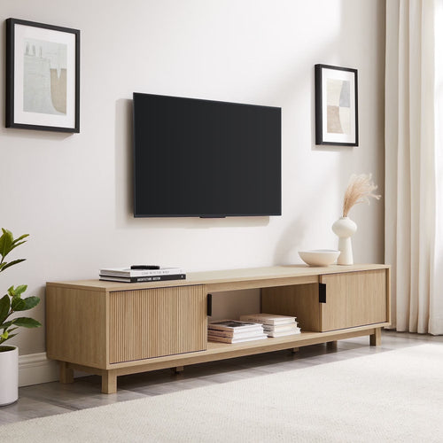 Walker Edison Mid-Century Modern Reeded 2-Door TV Stand for TVs up to 80��, Coastal Oak
