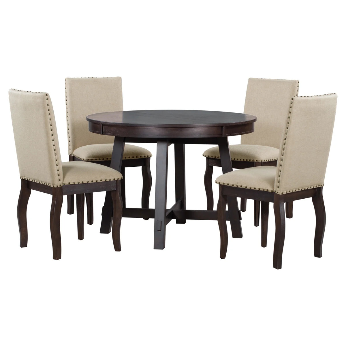 Harper & Bright Designs Round Extendable Dining Table Set for 4, 5 Piece Farmhouse Wood Dining Table Set with 4 Upholstered Dining Chairs, Natural Wood Wash