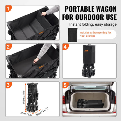 VEVOR Foldable Double Decker Wagon, 400L Collapsible Wagon Cart with All-Terrain Wheels,Heavy Duty Folding Wagon Cart 350-450 lbs Weight Capacity for Camping,Shopping,Garden,52" Extra Long Extender