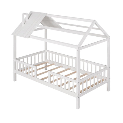 Euroco Twin Size Platform Bed, House Bed with Fence for Kids, Gray