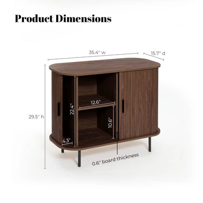 LuxenHome 35" Mid Century Modern Accent Cabinet, Small Buffet Cabinet with Sliding Door, Oak