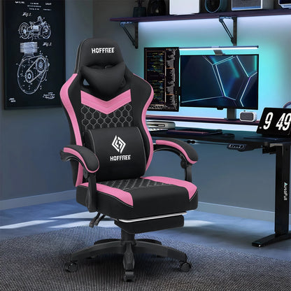 Hoffree Gaming Chair with Massage Fabric Office Chair with footrest for Adults, Ergonomic Gamer Chair with Headrest and Lumbar Support for Office Gaming, 440 LBS