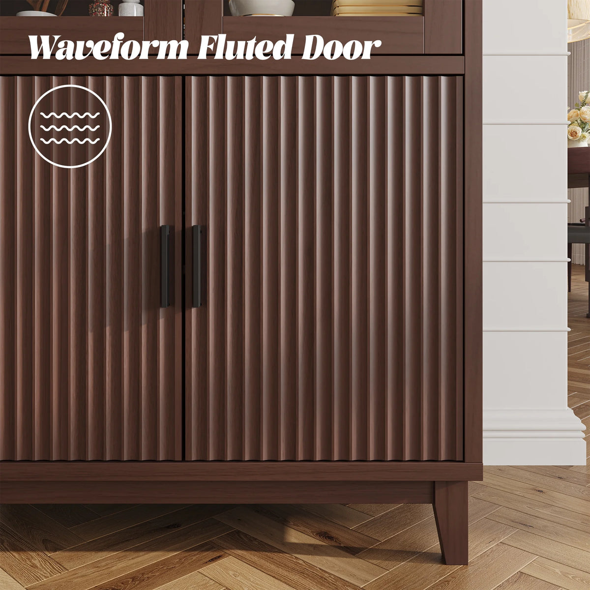 VEANERWOOD 71" Tall Arch Cabinet, Wood Fluted Kitchen Kitchen Storage Cabinet with 4 Doors and 6 Shelves for Dining Room Living Room