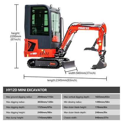 HUAYEE 1.4 Ton Cab Version Mini Excavator - HY12D, with 13.5 HP B&S Gasoline Engine, Swing Function, Mechanical Thumb Clamp, Mechanical Quick - Change, Hydraulic cooler, Electric Fan, In-stock in US