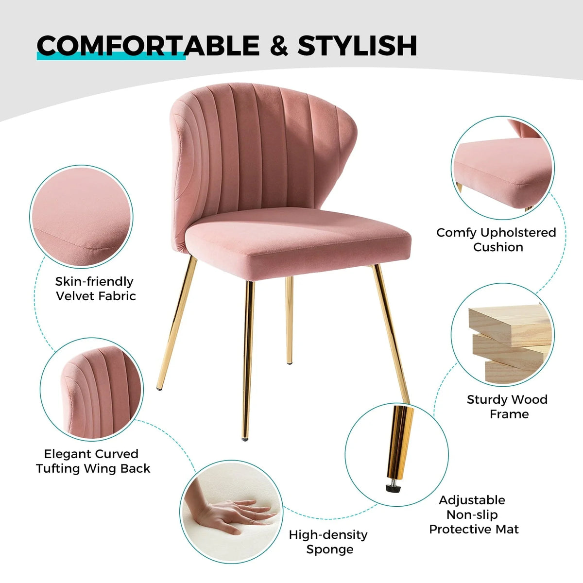 14 Karat Home Modern Wingback Accent Chair Dining Chairs with Gold Metal Legs Pink
