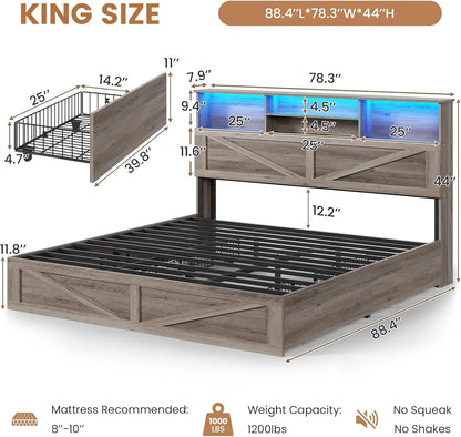 Twin Bed Frame with 4 Storage Drawers and Charging Station, Farmhouse Wooden Led Twin Bed with Storage Hidden Space Headboard and Metal Slats, Gray