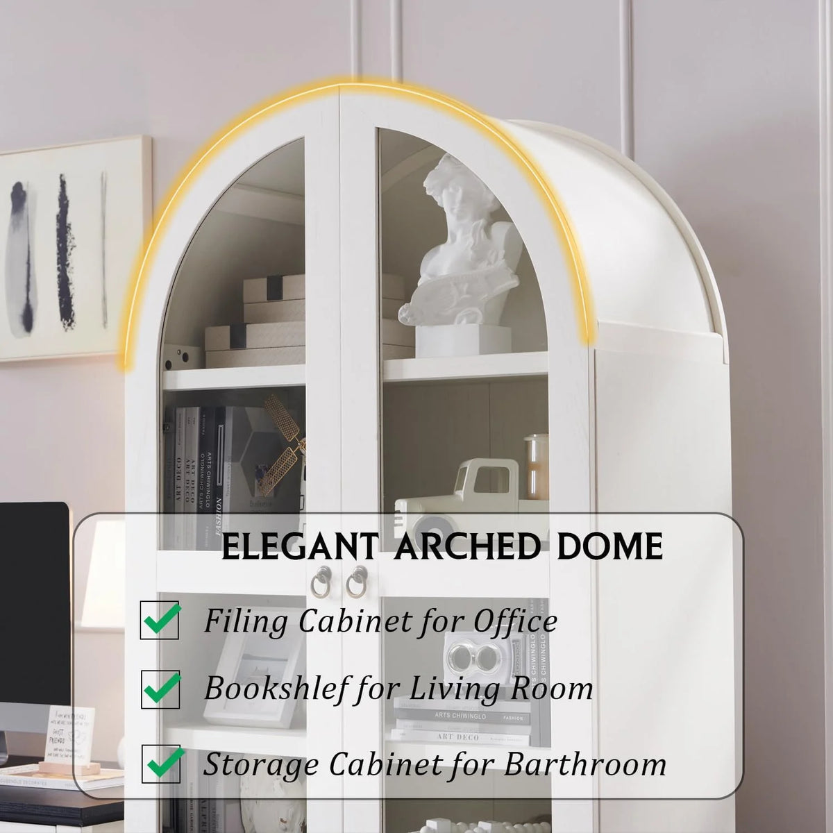 IFGET 71-Inch Arched 4-Tier Bookcase with Glass Doors and Drawers