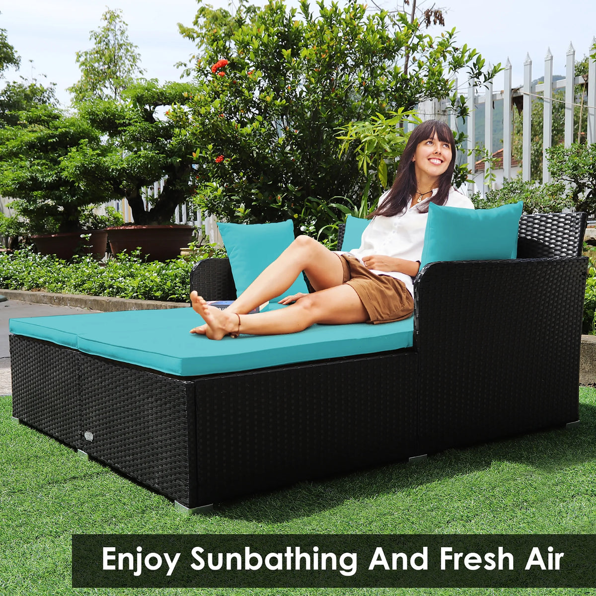 Costway Outdoor Patio Rattan Daybed Pillows Cushioned Sofa Furniture Beige