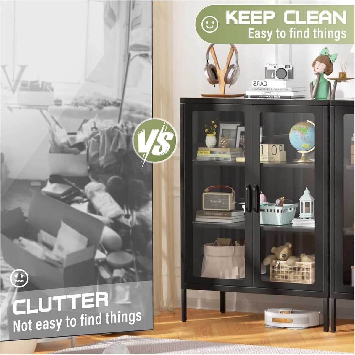 SUNCROWN Metal Storage Cabinet, Curio Display Cabinet with 2 Glass Display Door and 4 Shelves, Side Storage Organize, Modern Bookshelf Cabinet for livingroom, Bedroom, Kitchen, Black
