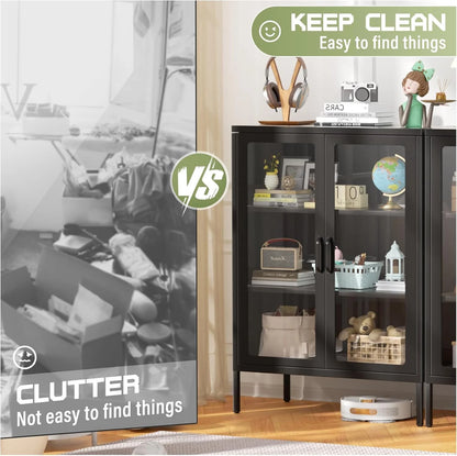 SUNCROWN Metal Storage Cabinet, Curio Display Cabinet with 2 Glass Display Door and 4 Shelves, Side Storage Organize, Modern Bookshelf Cabinet for livingroom, Bedroom, Kitchen, Black