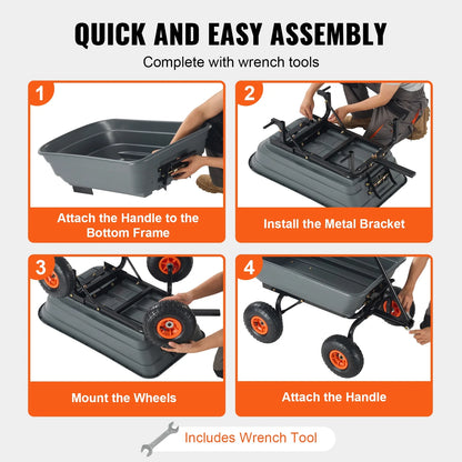 KFFKFF Garden Dump Cart, 35.8x19.5x8.2 in Dump Truck Cart, Max. 600lbs Load Capacity, 10in Rubber Tire, 180�� Adjustable Handle